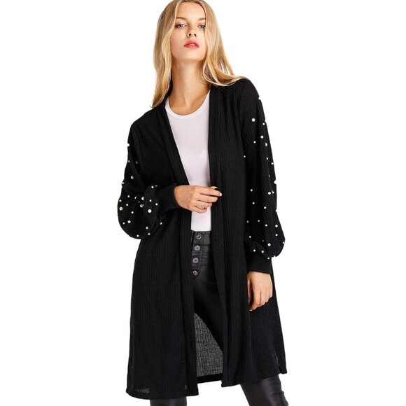 Women's Pearl Beaded Lantern Sleeve Cardigan Long Open Front Sweater - Picture 3 of 3